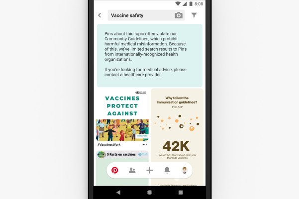 Pinterest starts displaying information from health organizations for searches related to vaccines