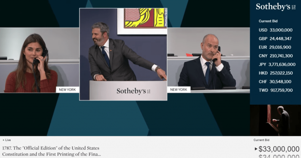 Cryptocurrency investors raised $40 million to buy the US Constitution at Sotheby’s. It wasn’t enough