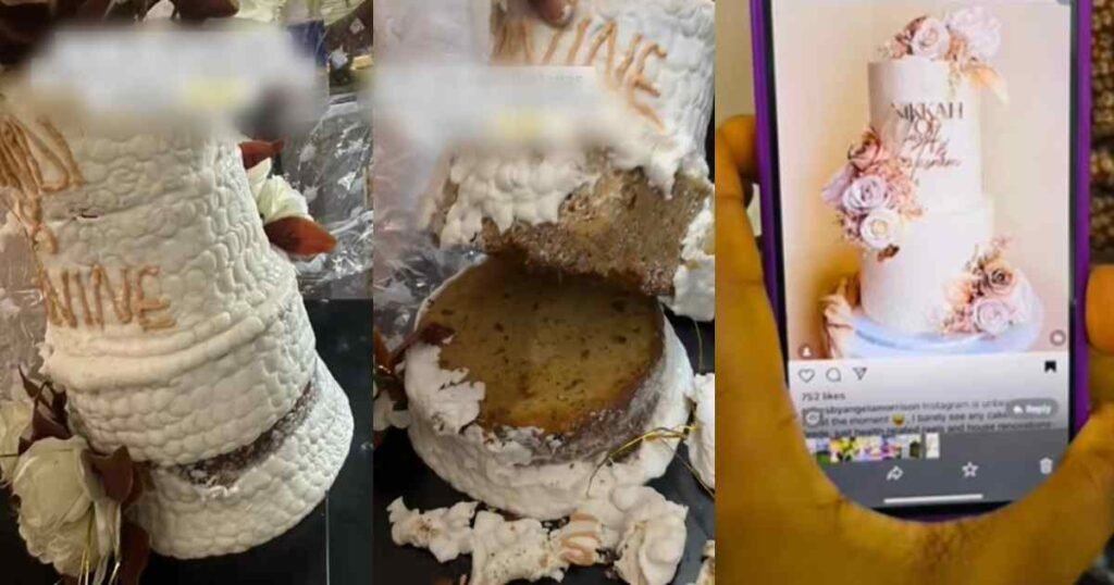 “The cake was too strong that I couldn’t even trim it” – Cake vendor recounts how a baker delivered a hard, melting cake for a friend’s wedding (WATCH)